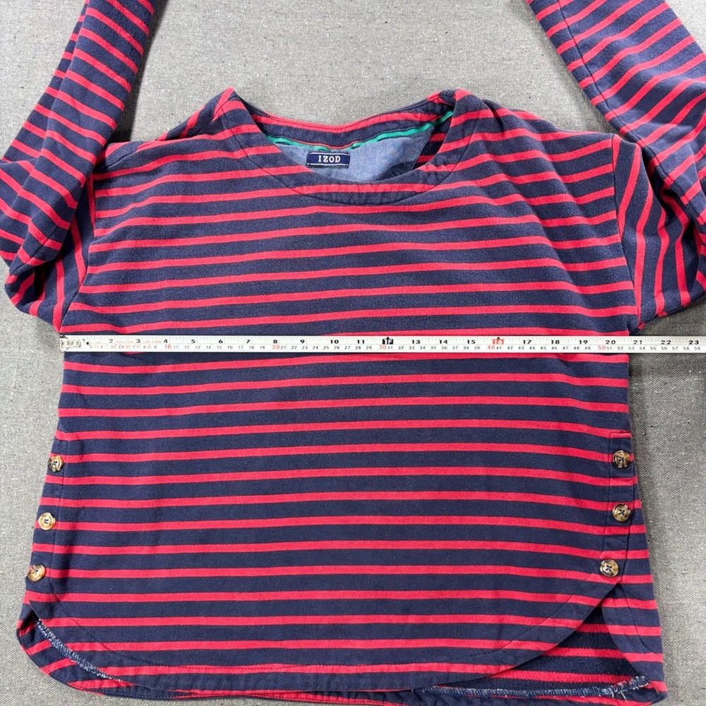 IZOD Striped Top Women Large Blue Red Long Sleeve Button Side Crew Neck Shirt - Picture 3 of 6